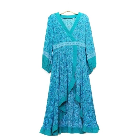 NEW Spell & the Gypsy Jewel Soiree Balloon Sleeve Midi Dress Emerald Blue Medium - Picture 3 of 15